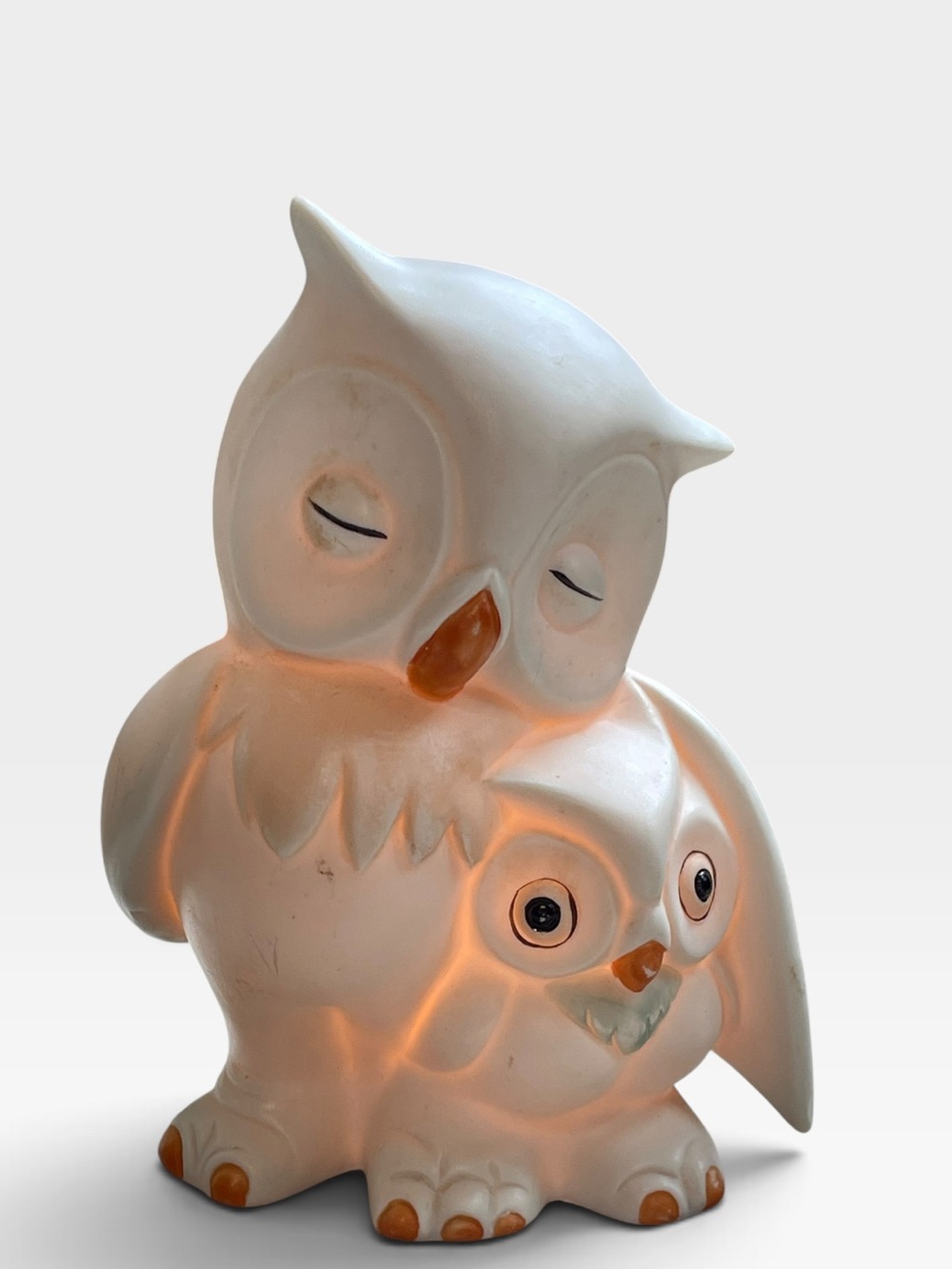 Vintage 70s 80s Ceramic Owl Night Light Lamp Mother Baby Bisque